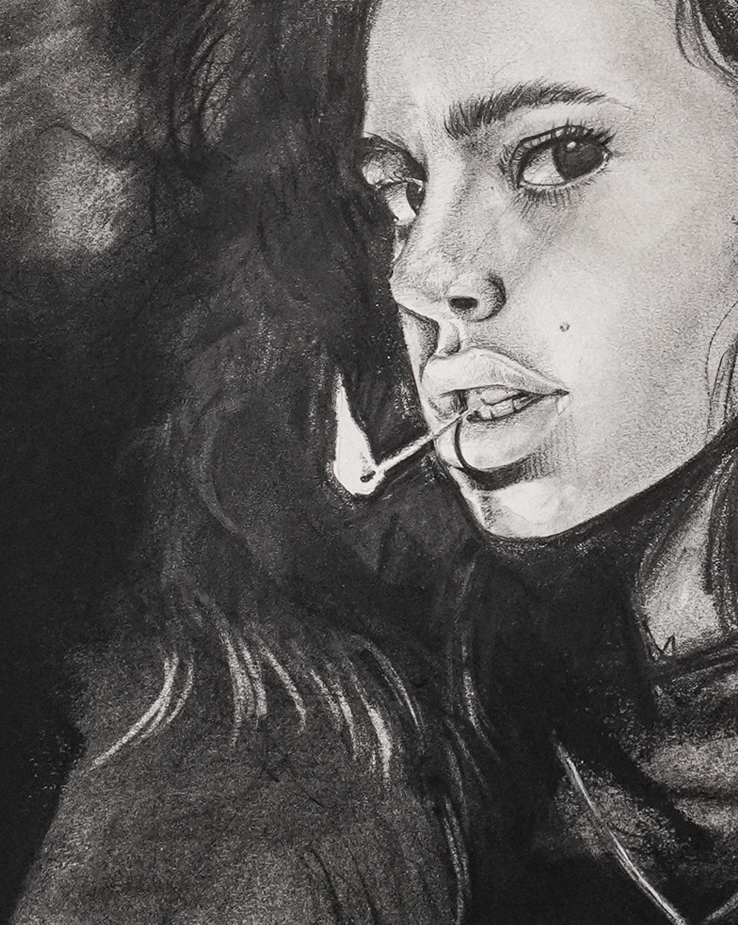 A charcoal, graphite, and conte crayon drawing of a person on acid-free paper, signed and dated by Davon McMillian.